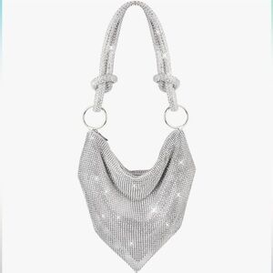 (CLEARANCE) Silver Sparkly Rhinestone Knotted Shoulder Evening Bag Purse Drape